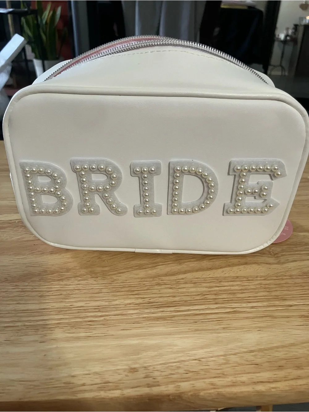Pearl-Embellished Bridal Cosmetic Bag in White